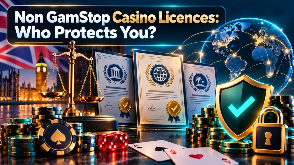 Online casino licensing certificates, security shield and player protection symbols