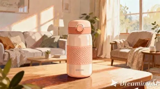 Pink and white insulated water bottle on wooden table in sunny living room
