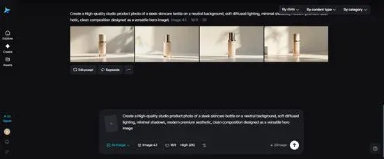 Sleek skincare bottle with gold cap on neutral beige background, studio product photography