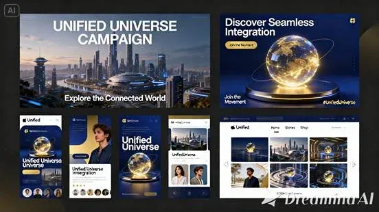 Unified Universe Campaign marketing mockup showing website banners, mobile app screens, and social media designs with futuristic globe imagery