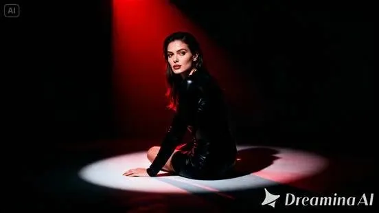 Woman in black leather dress seated in dramatic spotlight against dark red background