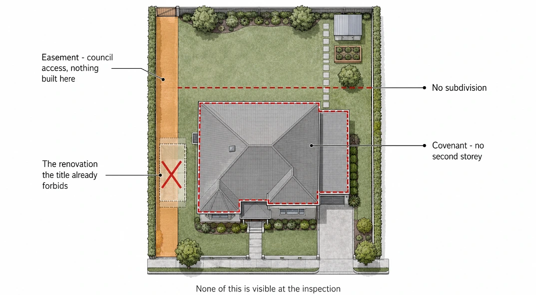 Bird's-eye block diagram showing easement and covenant zones overlapping a planned extension