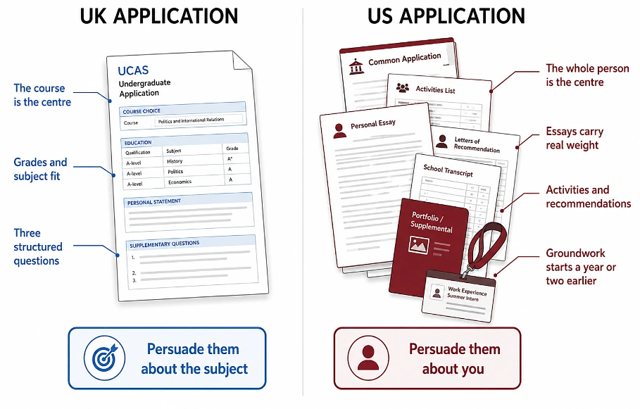 Diagram comparing a course-focused UK university application with a whole-person US application
