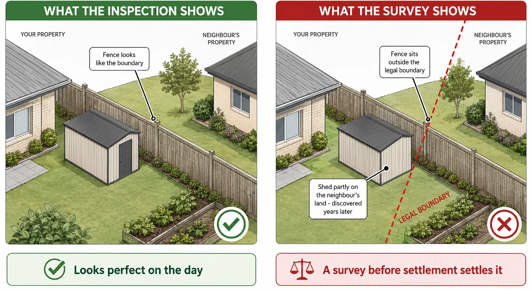 Diagram of a shed that looks inside the fence line but straddles the legal boundary revealed by a survey