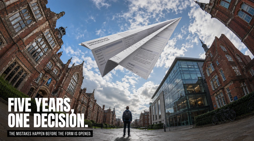 Fisheye campus view of a student looking up at a giant paper aeroplane folded from an application form