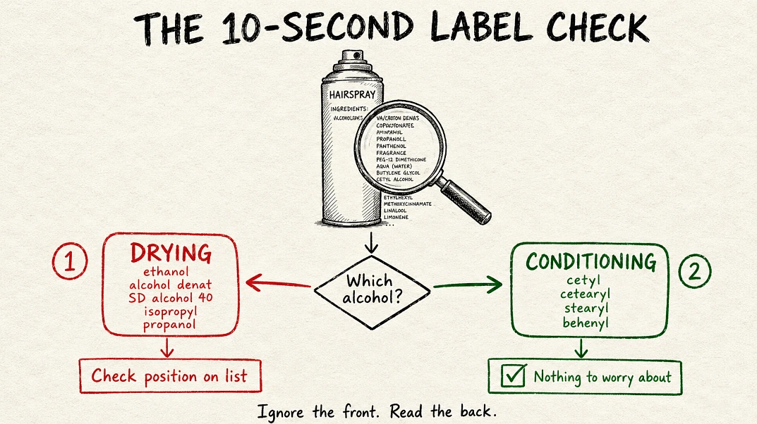 Hand-drawn flowchart showing how to check a hairspray ingredient list, branching into drying alcohols marked in red and conditioning alcohols marked in green
