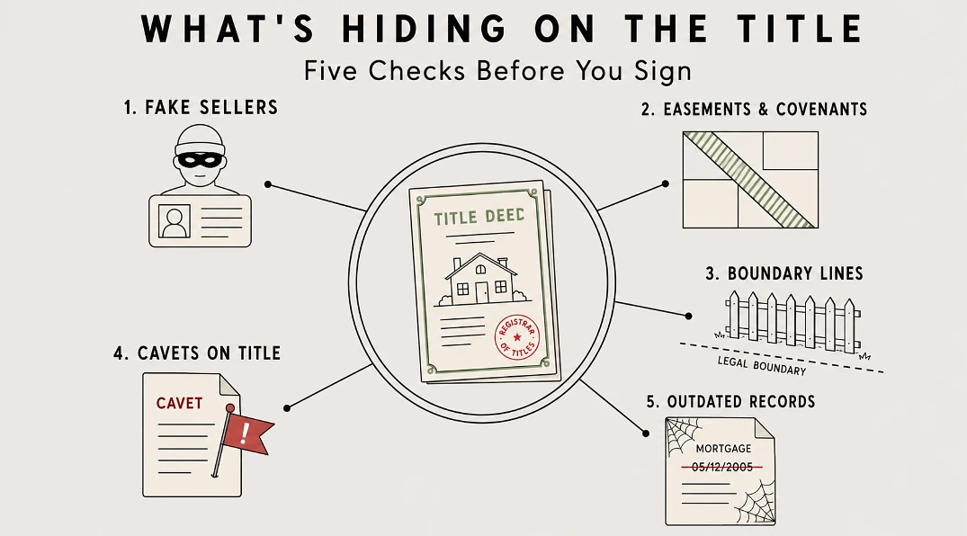 Hub-and-spoke diagram of five title checks: fake sellers, easements, boundaries, caveats and outdated records