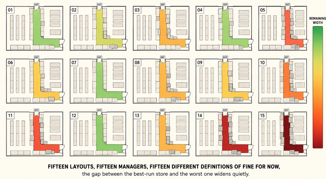 One store's version of this multiplied by fifteen is not one risk, it is fifteen slightly different ones