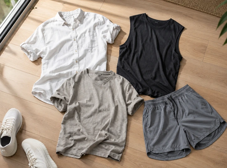 Overhead flat lay of men's summer casual clothing including a white shirt, sleeveless top, and training shorts