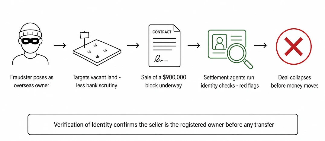 Sequence diagram of a fake seller scam on vacant land caught by identity checks before settlement