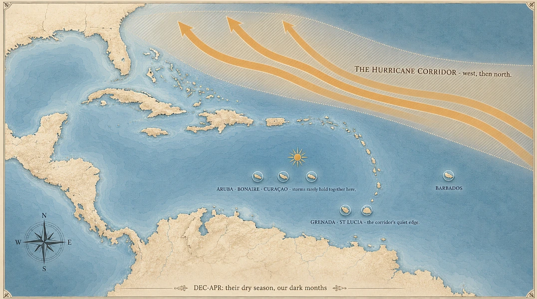 Storms travel west and north - the islands near Venezuela sit below the whole mechanism