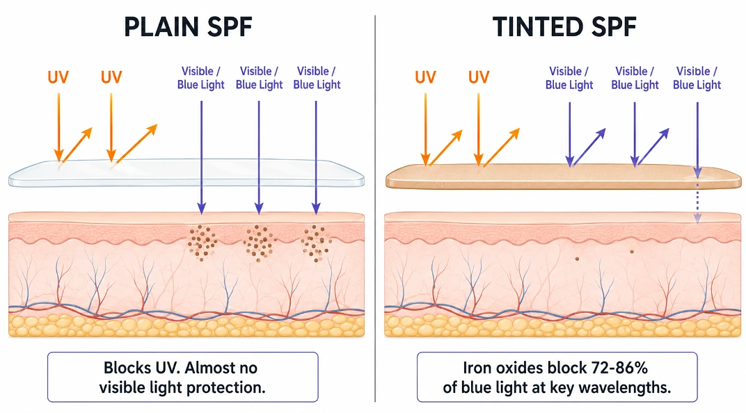 The tint blocks the visible light that actually causes dark spots