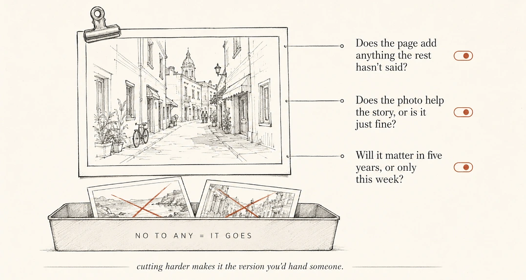 Three questions per page, and one no is enough the cut is what makes it a keepsake