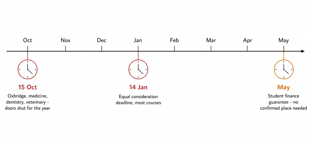 Timeline of the three UCAS and student finance deadlines from October to May