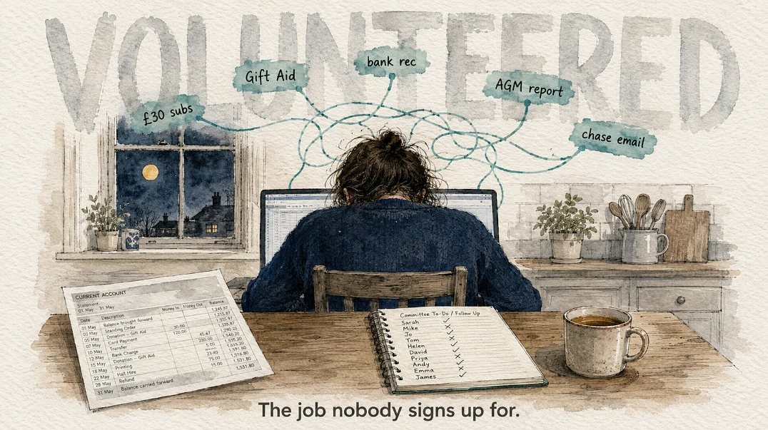 Watercolour figure from behind at a kitchen table at night, surrounded by floating threads labelled with club admin tasks like subs, Gift Aid, and bank rec