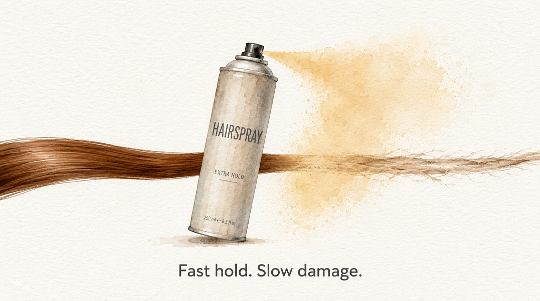 Watercolour illustration of a hairspray can spraying mist across a hair strand that transitions from rich saturated brown to dry faded brown where the spray hits