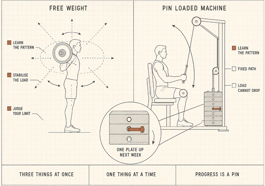 A barbell asks a beginner to solve three problems simultaneously. A weight stack removes two of them
