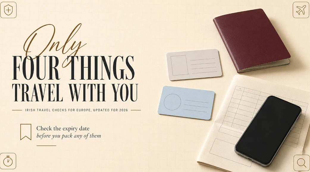 A blank passport booklet, two plain cards and a folded policy document laid out beside a stacked title