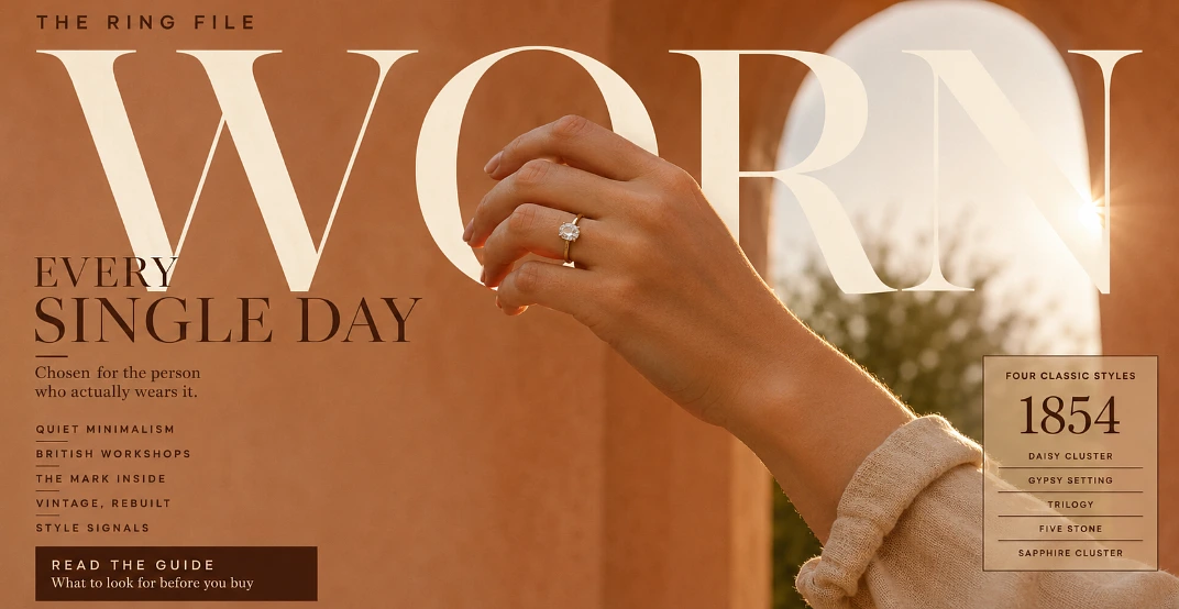 A hand wearing a low-set oval engagement ring in front of a terracotta arch, with the word WORN in large serif across the frame