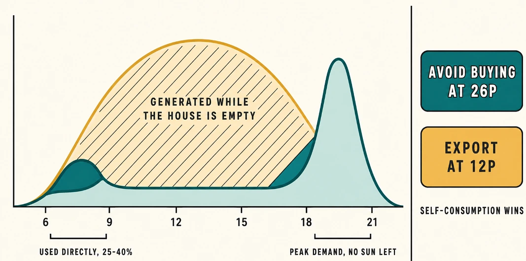 A midday generation curve overlaid on an evening-peaked demand curve, with the small overlap marked as directly used