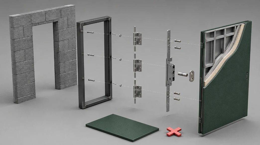 An exploded steel doorset showing wall opening, frame, hinges, multipoint lock and cutaway leaf, with a plain steel plate marked as insufficient