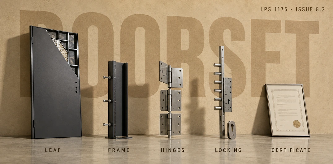 Five steel doorset components standing in a row against a wall painted with the word DOORSET, from cutaway leaf through to certificate
