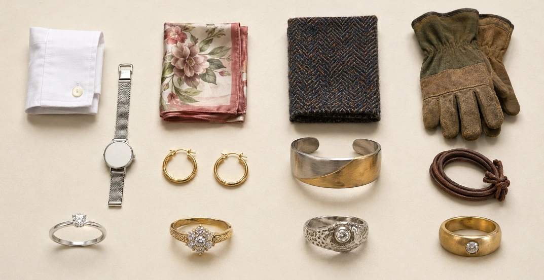 Four columns pairing everyday clothing and accessories with a matching ring style