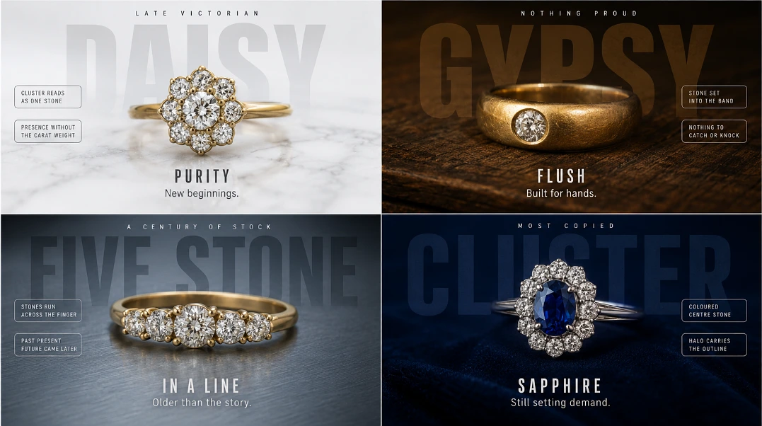 Four-panel grid showing a daisy cluster, gypsy set, five stone and sapphire cluster ring with spec annotations