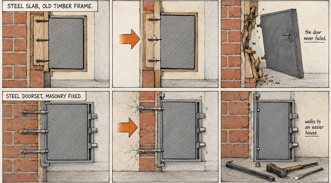 Kicking a door in rarely breaks the door. It breaks the frame around it, which is why a rated slab in an unrated frame is theatre