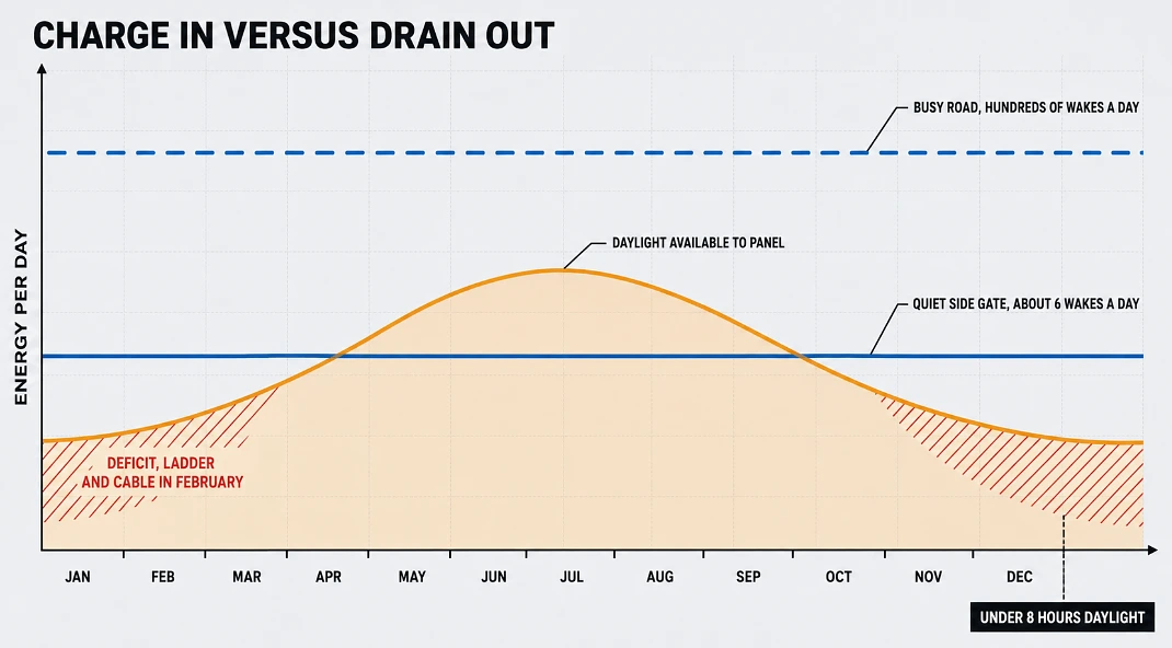 Line chart showing solar input falling below camera power draw between November and February
