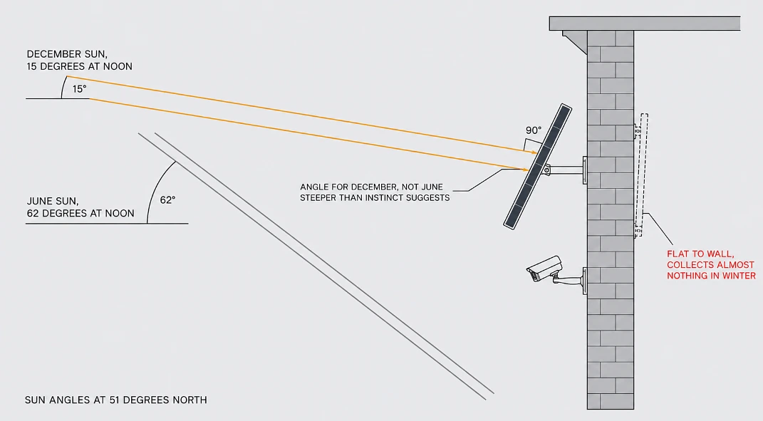 Side-elevation diagram comparing December and June sun angles hitting a steeply tilted solar panel
