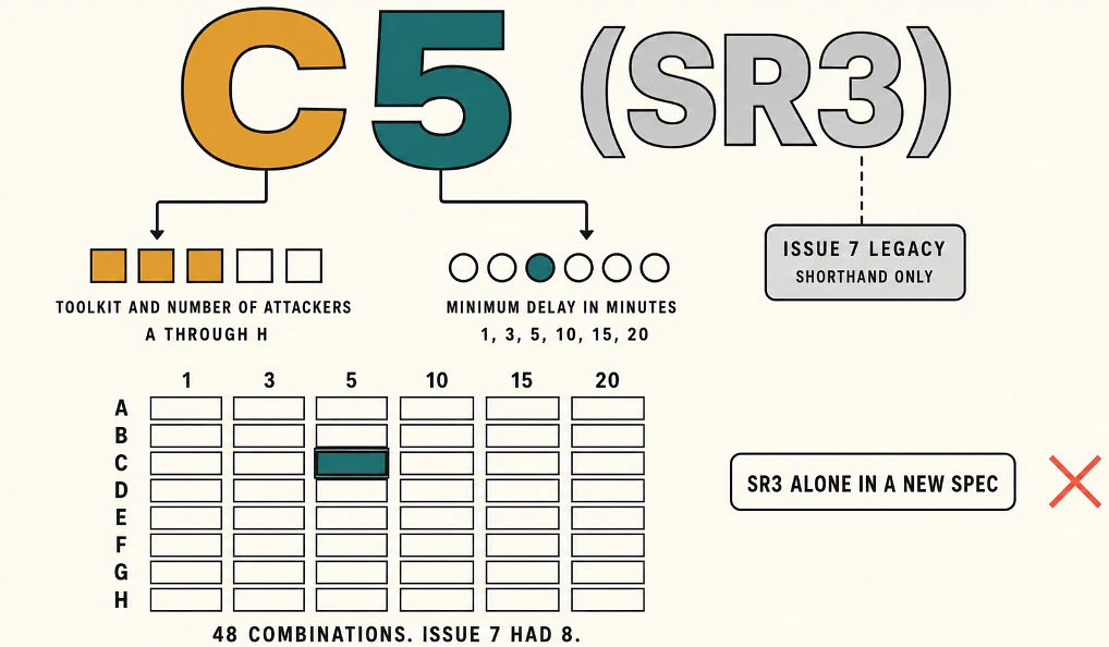 The code C5 (SR3) broken into its toolkit letter, delay number and legacy equivalent, above a 48-cell rating matrix