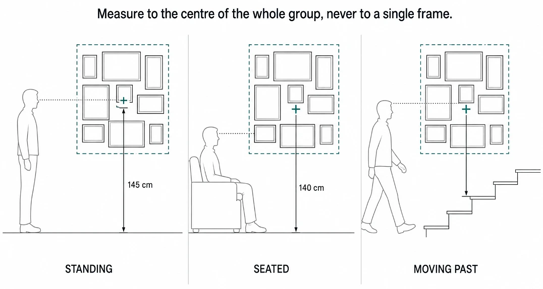 The number changes with how people meet the wall. What does not change is that you measure to the centre of the arrangement, treating the whole group as one shape