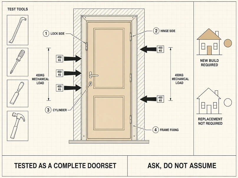 The test loads the lock and hinge sides, because that is where real attacks go. On a replacement door it is optional, so it has to be asked for