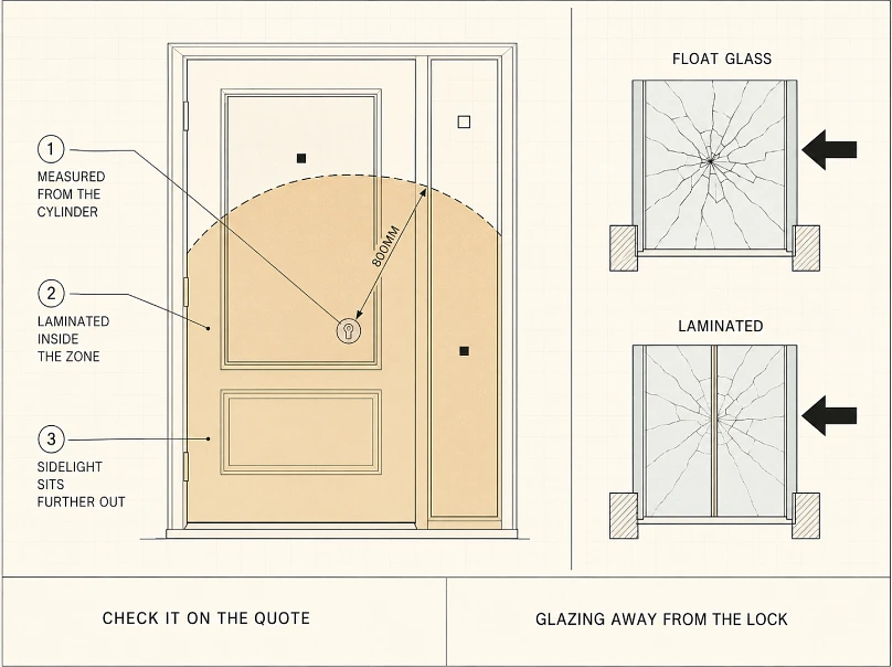 The zone is measured from the cylinder, not the edge of the door. Anything glazed inside it has to be laminated