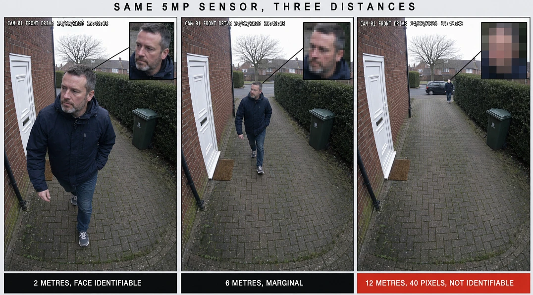 Three security camera frames of the same driveway at 2, 6 and 12 metres with pixelated face insets showing loss of detail