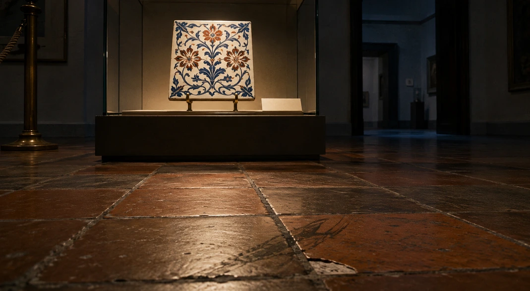 Tiles are the only art form most people willingly step on, and a few of them ended up behind glass instead