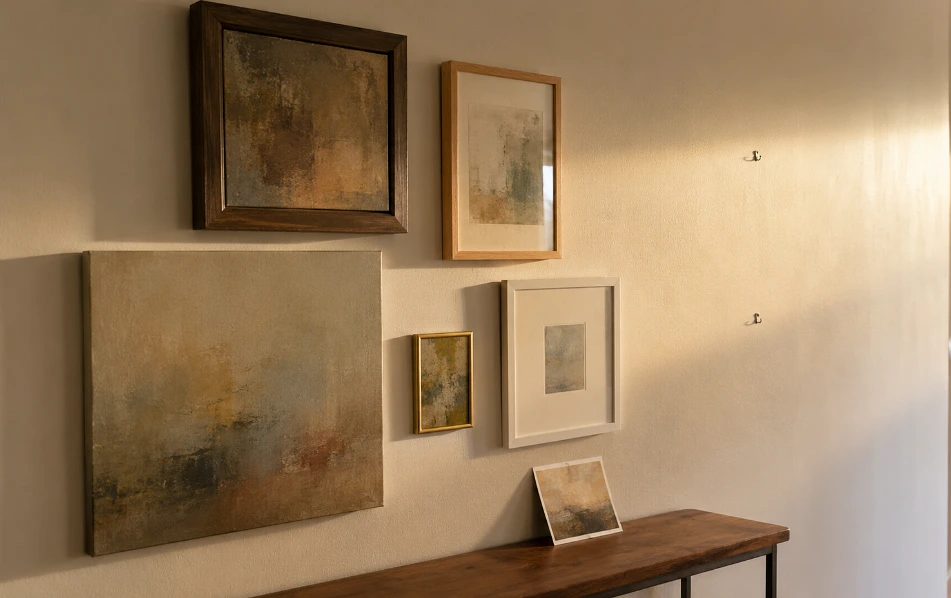 Two hooks already in the wall with nothing on them yet. That is not an unfinished job, it is the whole method