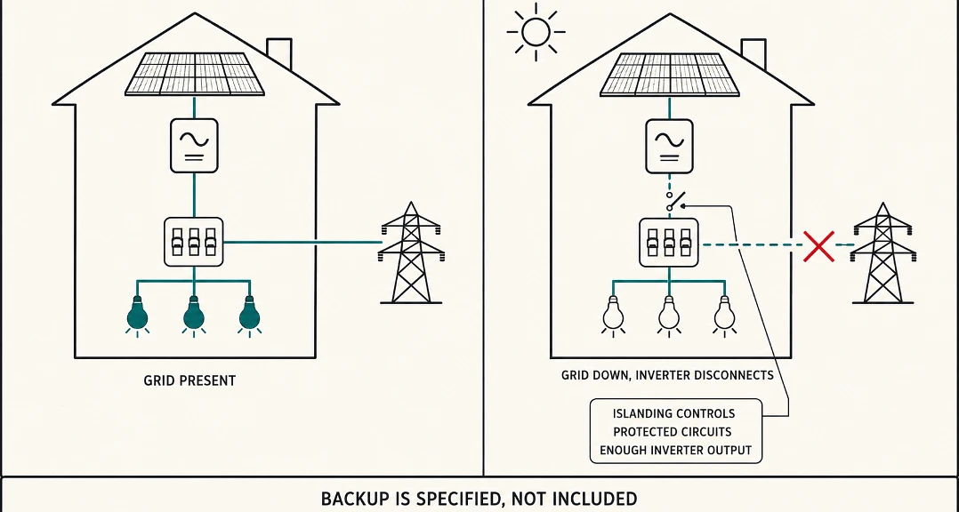Two schematics showing solar powering a house with the grid up, and disconnecting with the grid down