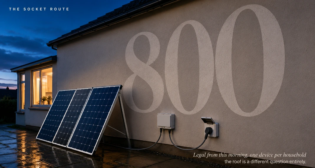 Two solar panels on a freestanding frame plugged into an outdoor socket, against a wall painted with a large numeral 800