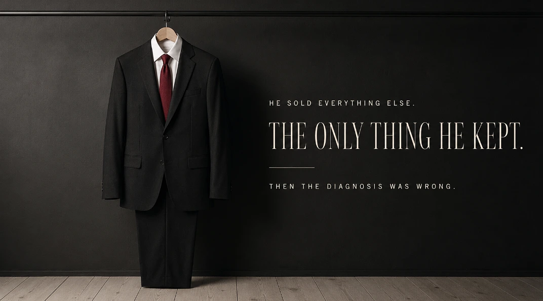 A black suit, white shirt and red tie alone on an empty clothes rail in a bare room