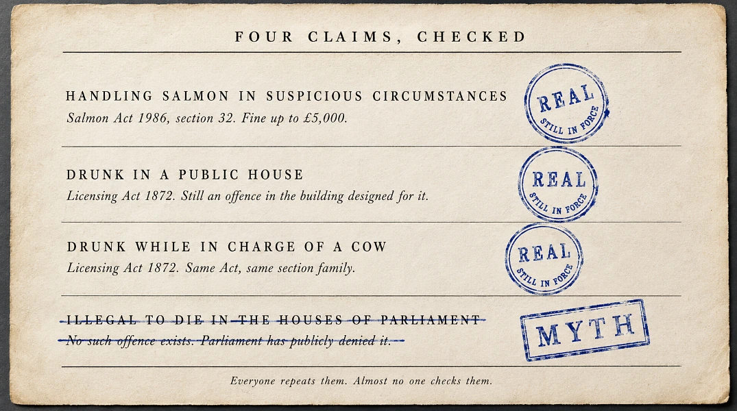 A checked list of four British laws, three stamped real and the Parliament death claim stamped myth