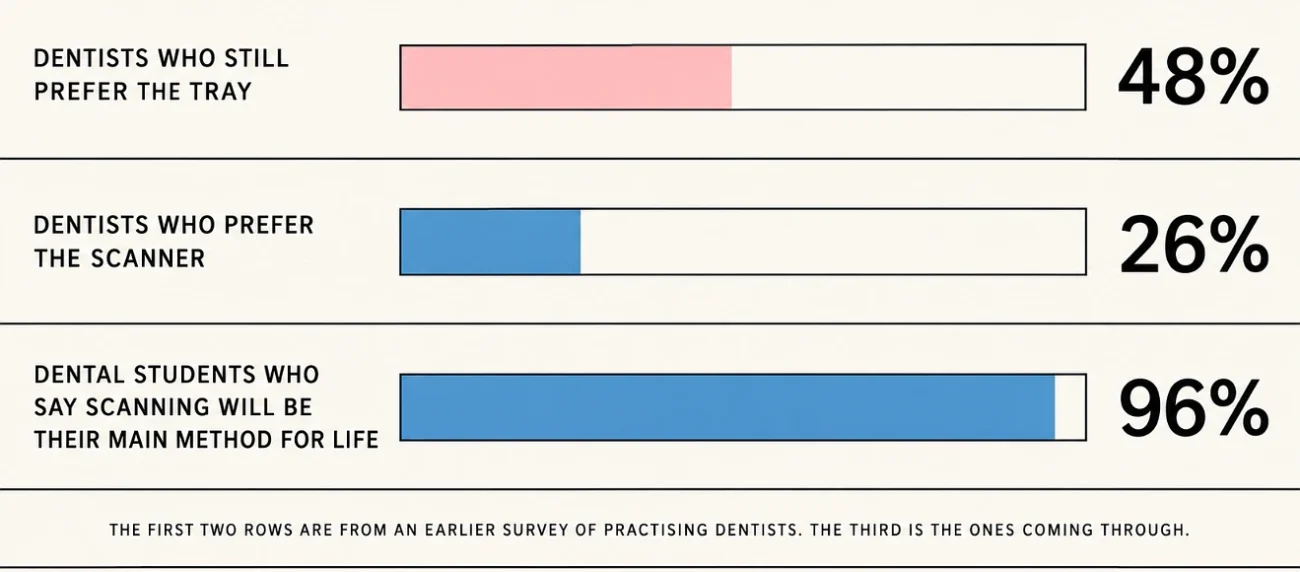 Bar chart comparing dentists who prefer trays, dentists who prefer scanners and students who expect to scan for their whole careers