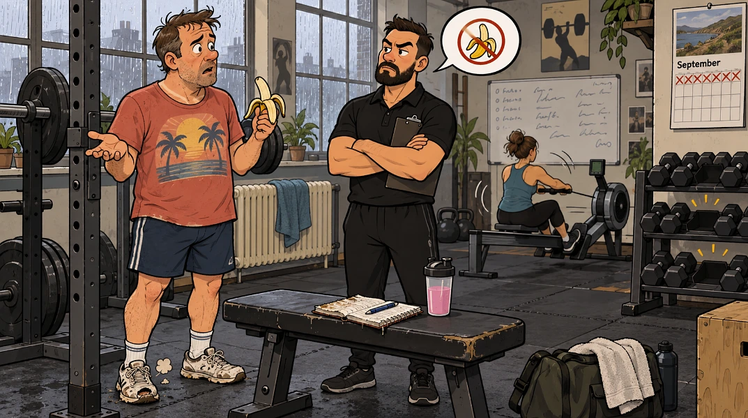 Cartoon of a man holding a banana asking a trainer a question beside a squat rack in a small gym