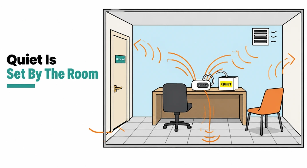 Cutaway office pump room showing sound bouncing off hard walls, a hollow desk and under the door