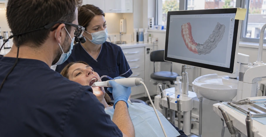 Dentist scanning a patient's lower teeth with an intraoral wand while a 3D model builds on a monitor beside the chair.