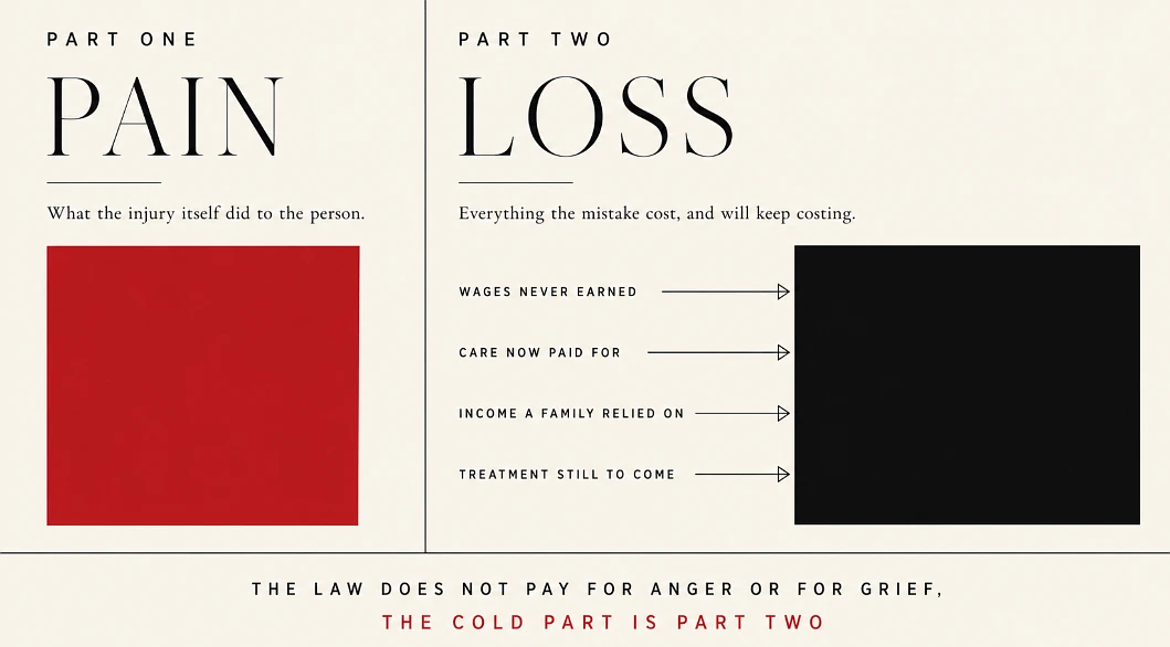 Diagram splitting an NHS payout into a smaller pain element and a larger financial loss element