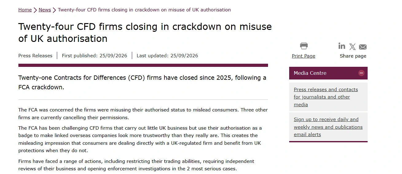 FCA Says 21 CFD Firms Have Closed Since 2025