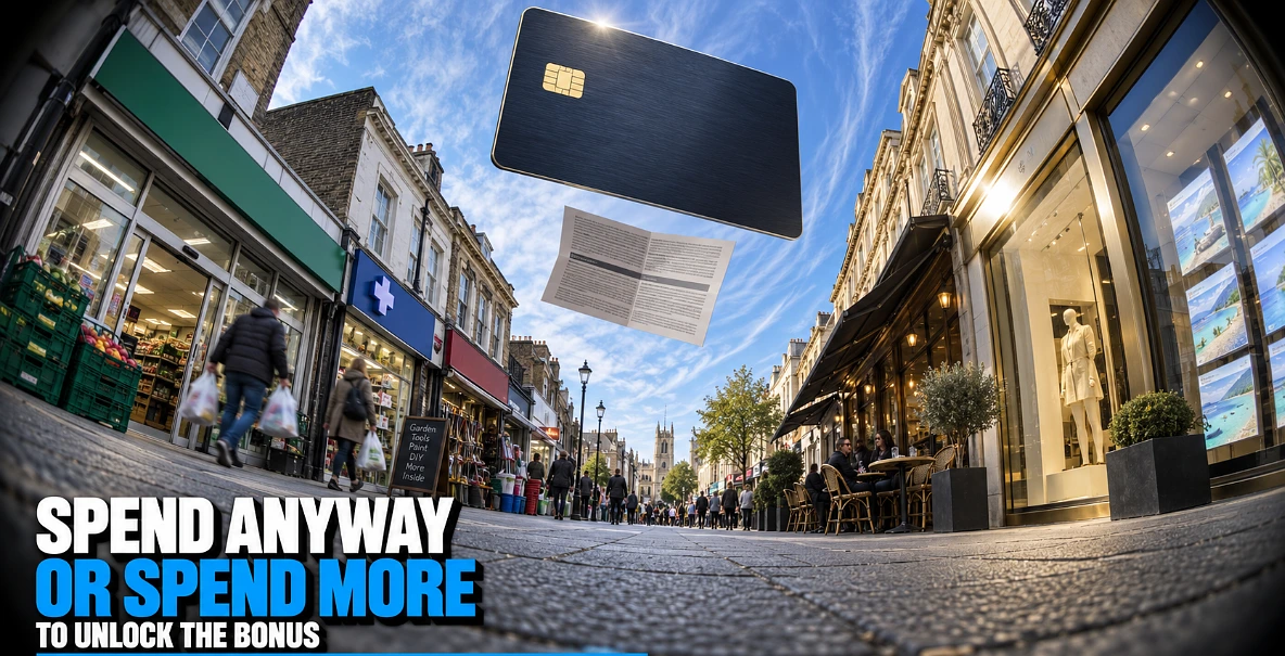 Fisheye street split between everyday shops and aspirational retail beneath a floating credit card