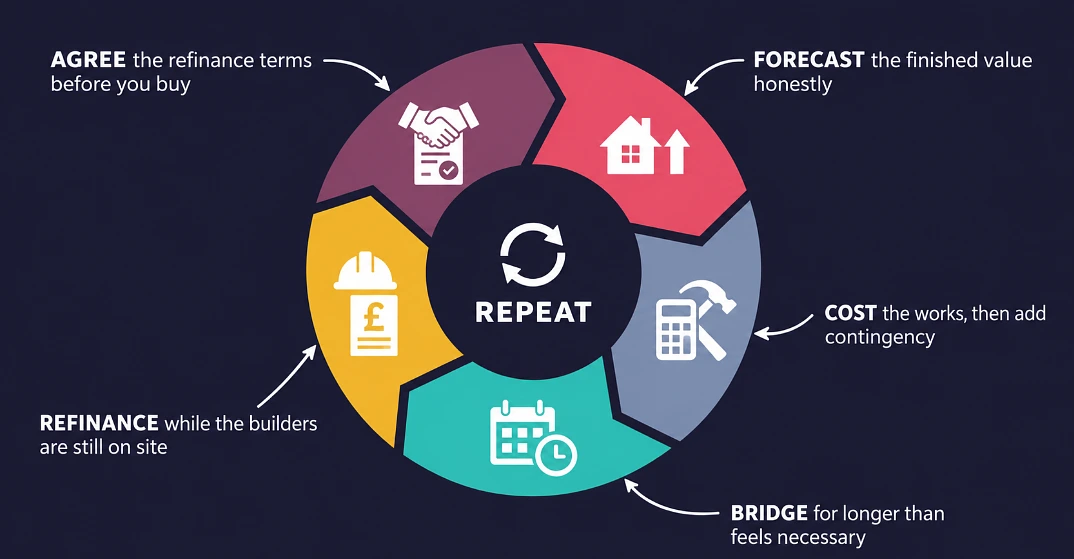 Five-step refurbish-refinance cycle diagram, from agreeing refinance terms to refinancing before works finish